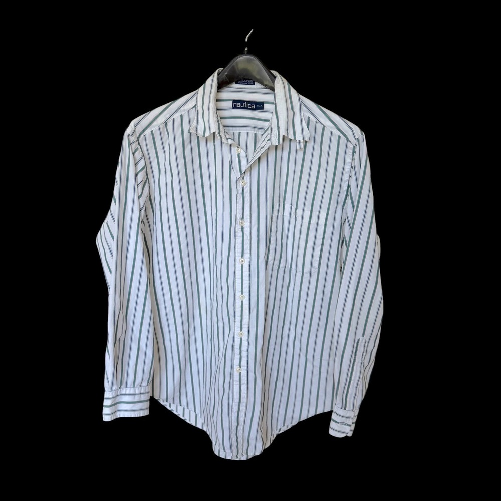 90's Nautica Striped Button Down Shirt Distressed White 100% Cotton 16.5 35‎